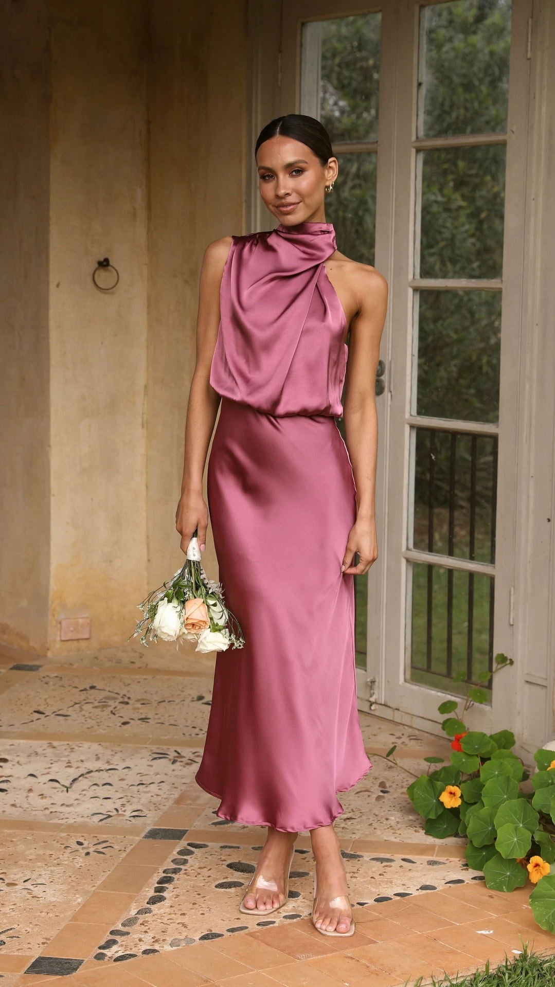 Satin Draped Halter Dress