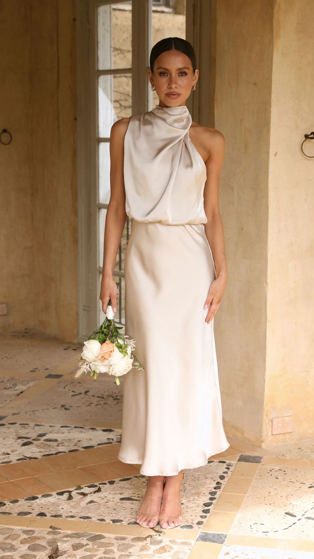 Satin Draped Halter Dress