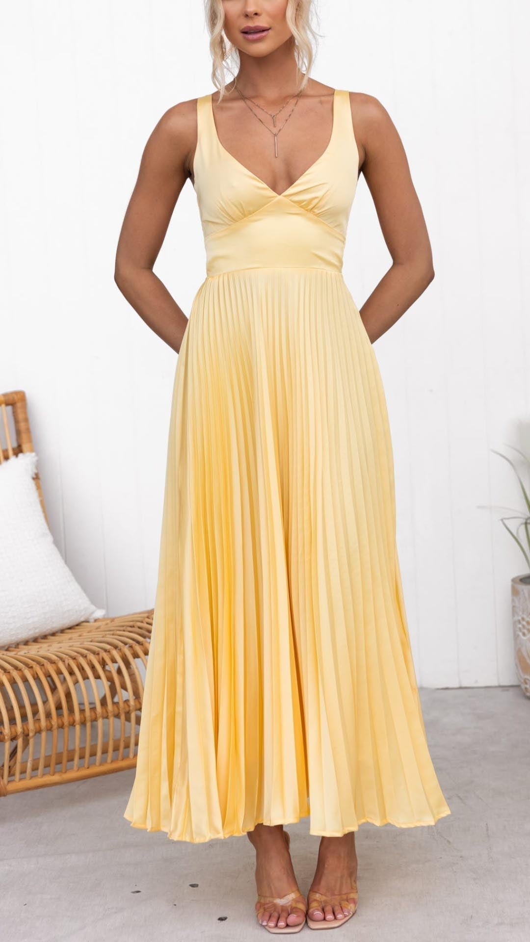 Sunshine Yellow Pleated Long Dress with Crossover Neckline