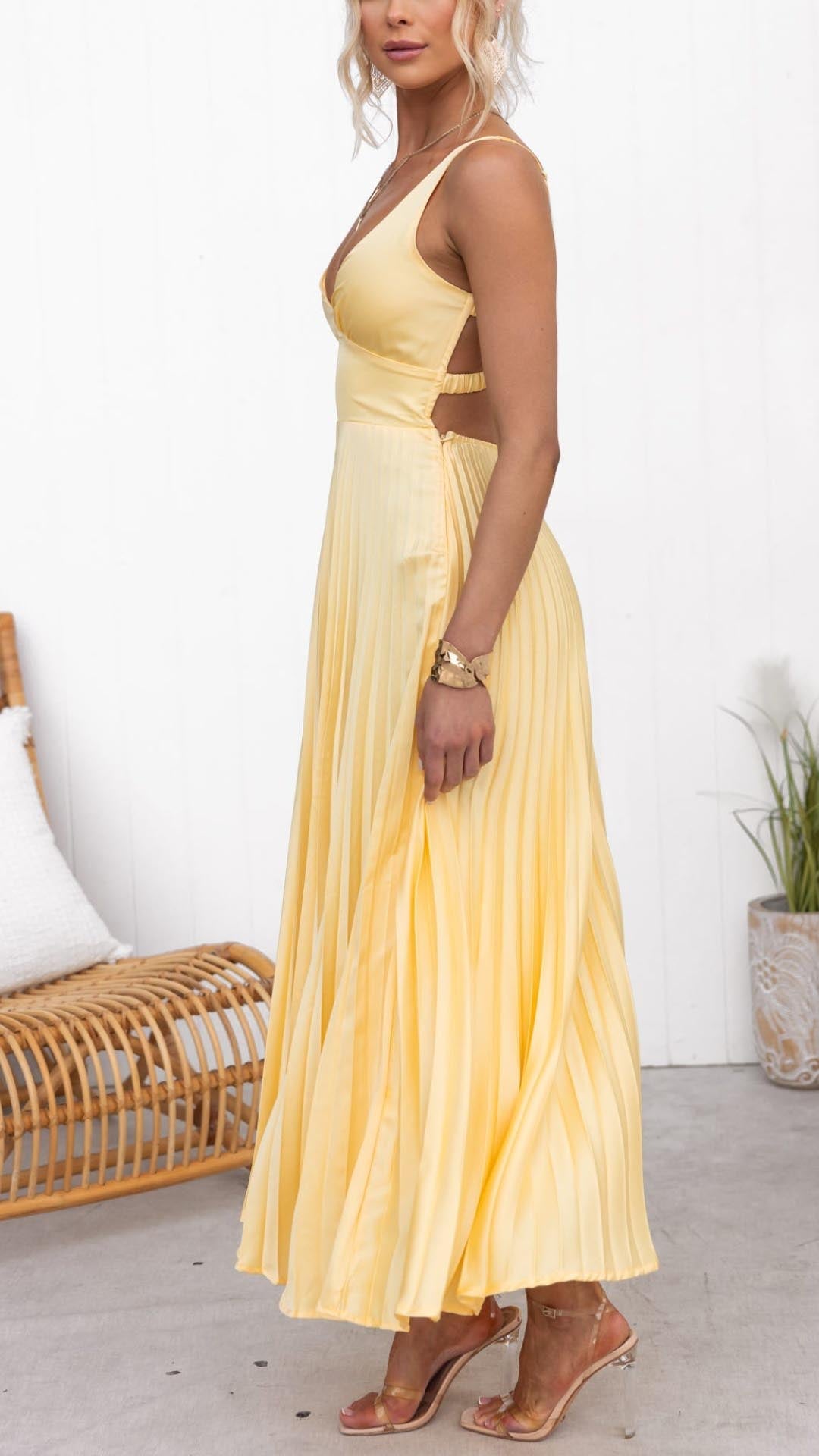 Sunshine Yellow Pleated Long Dress with Crossover Neckline