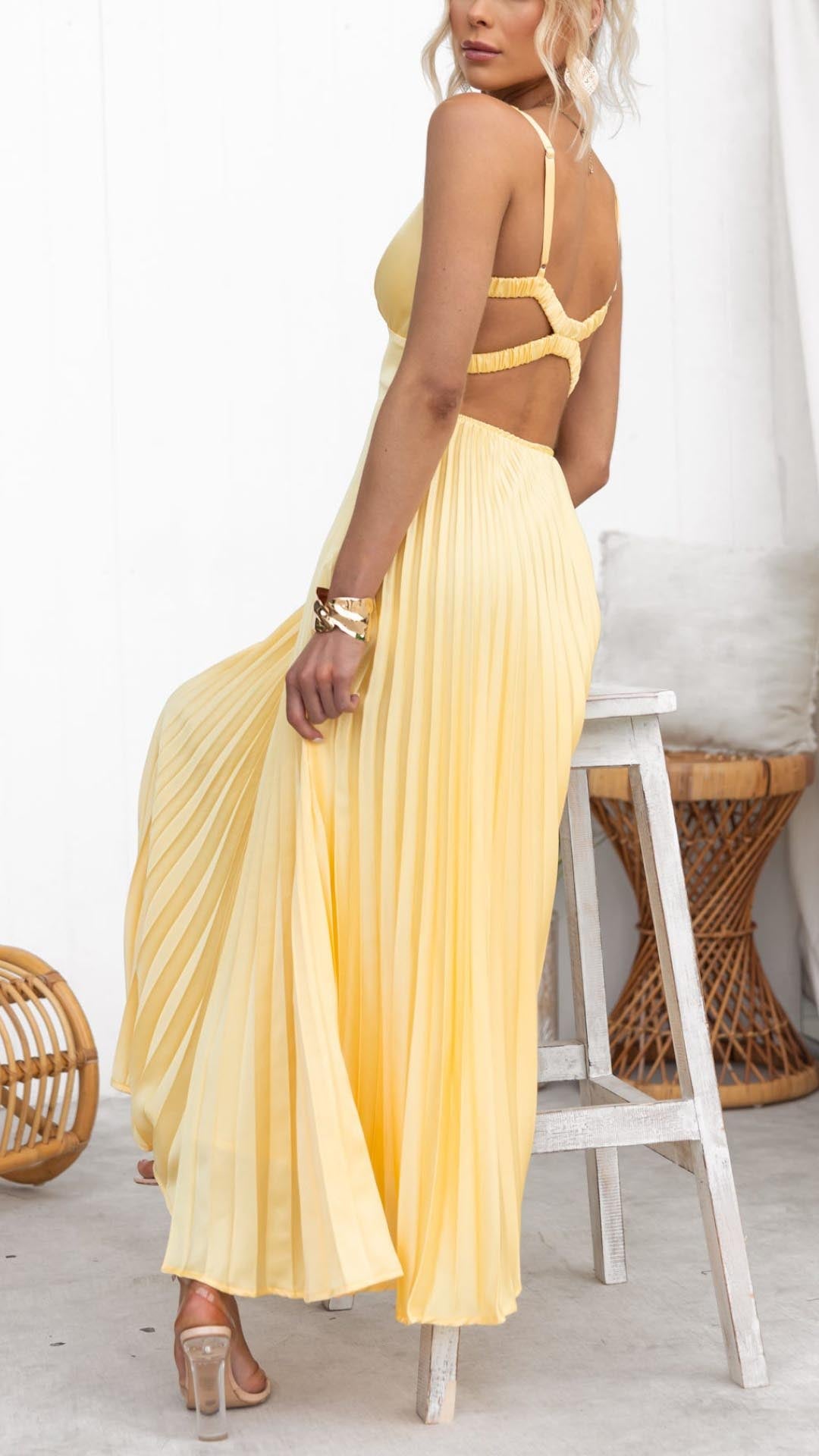 Sunshine Yellow Pleated Long Dress with Crossover Neckline