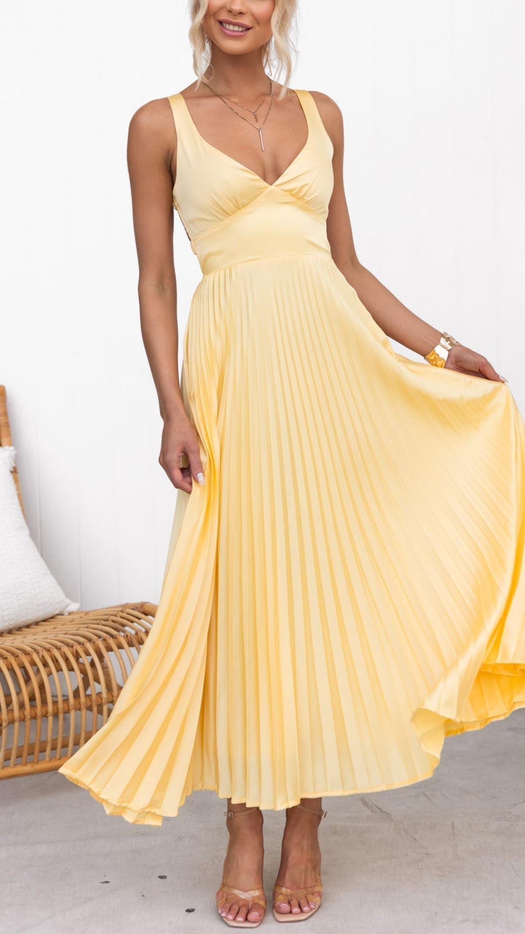 Sunshine Yellow Pleated Long Dress with Crossover Neckline