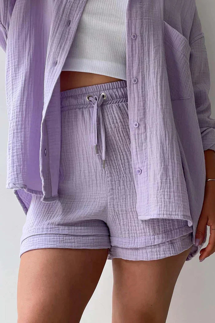 Textured Co-ord Set with Oversized Shirt and High-Waist Shorts
