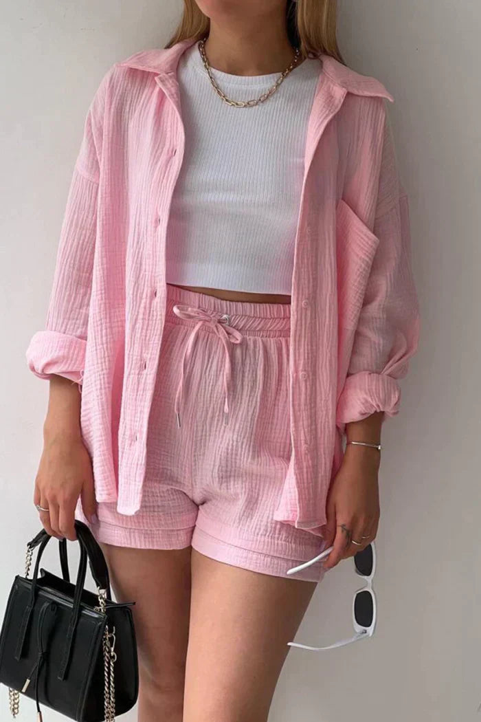 Textured Co-ord Set with Oversized Shirt and High-Waist Shorts