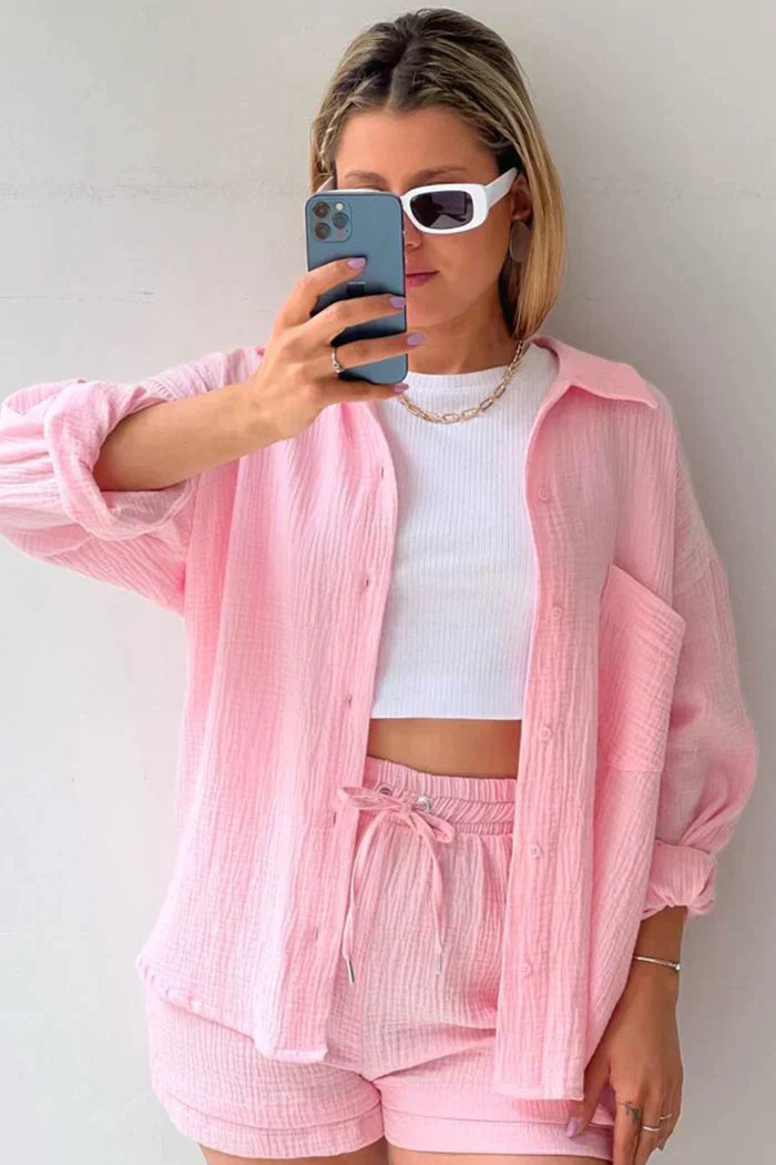 Textured Co-ord Set with Oversized Shirt and High-Waist Shorts