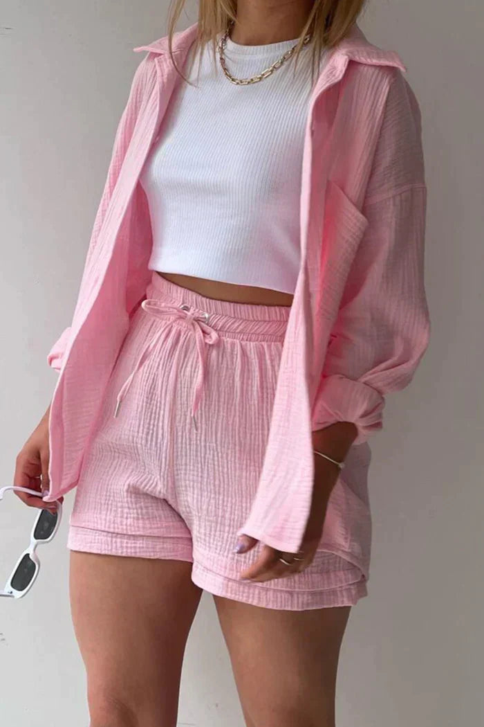Textured Co-ord Set with Oversized Shirt and High-Waist Shorts