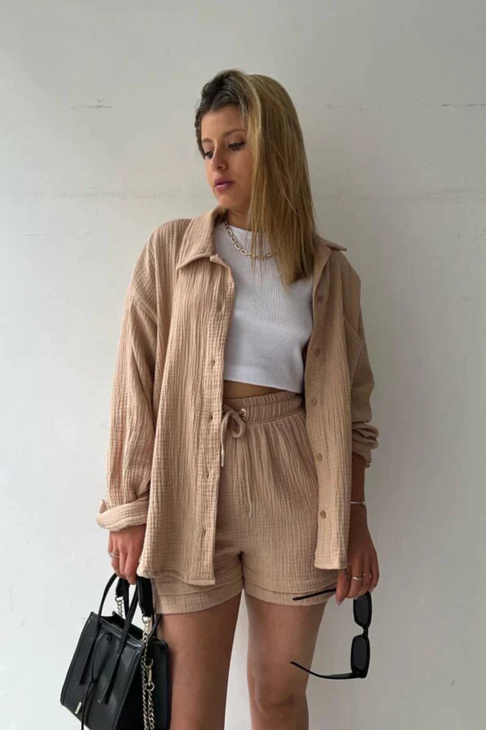 Textured Co-ord Set with Oversized Shirt and High-Waist Shorts