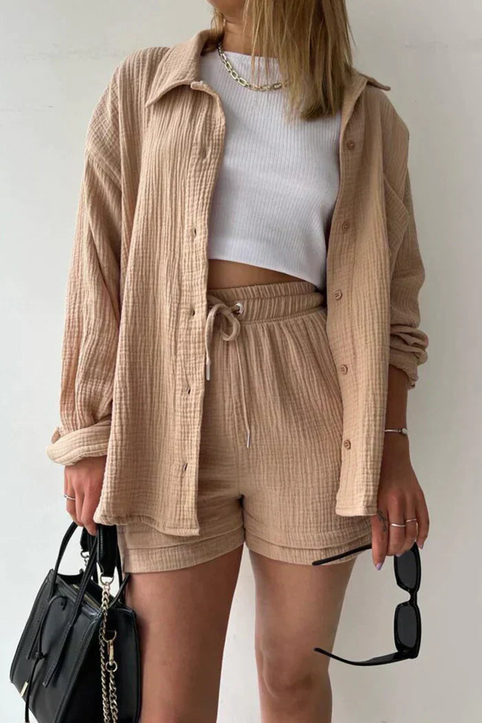 Textured Co-ord Set with Oversized Shirt and High-Waist Shorts