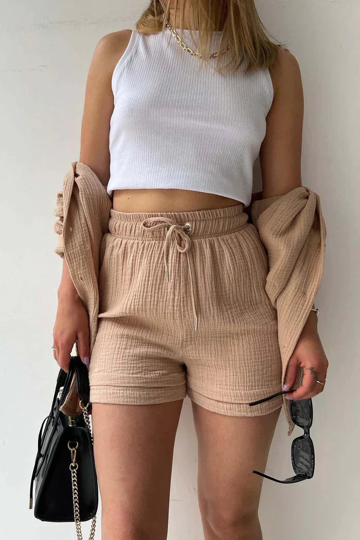 Textured Co-ord Set with Oversized Shirt and High-Waist Shorts