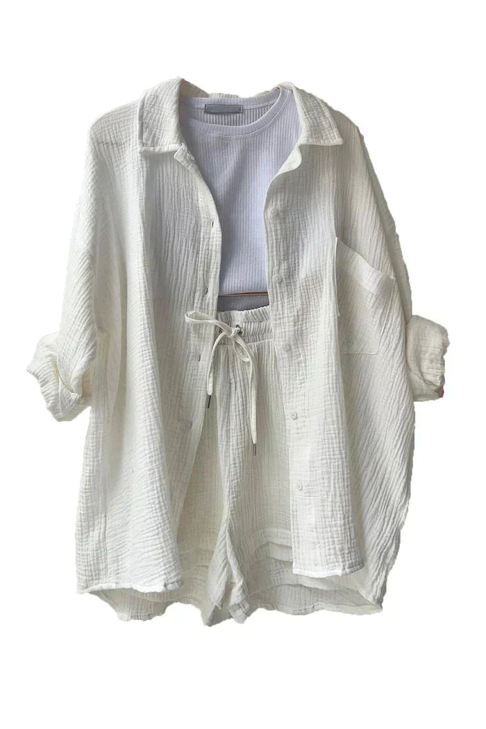 Textured Co-ord Set with Oversized Shirt and High-Waist Shorts