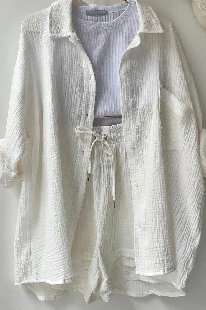 Textured Co-ord Set with Oversized Shirt and High-Waist Shorts