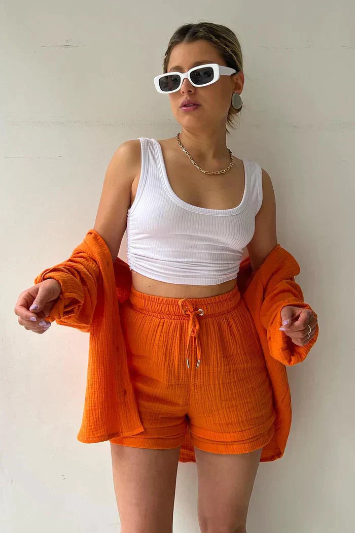 Textured Co-ord Set with Oversized Shirt and High-Waist Shorts