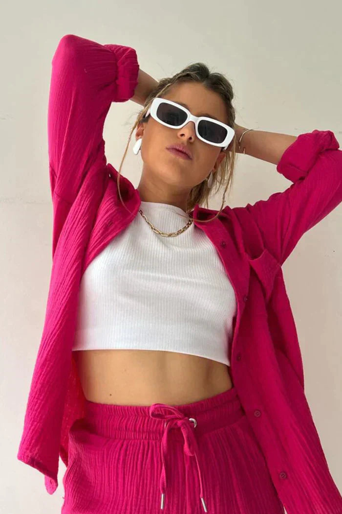 Textured Co-ord Set with Oversized Shirt and High-Waist Shorts