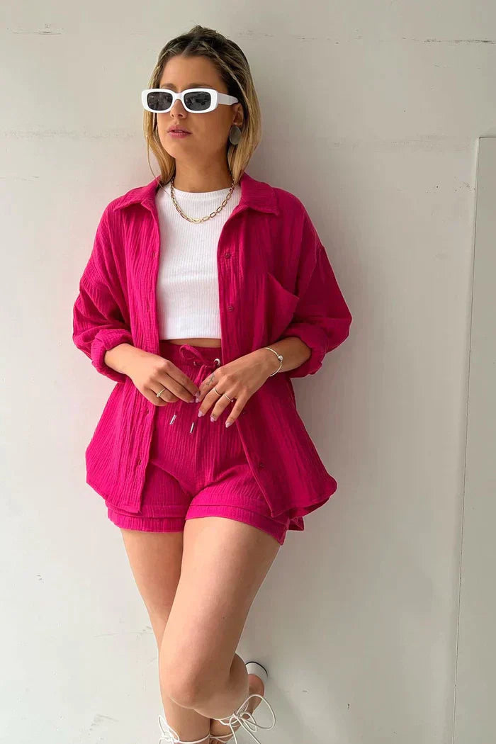 Textured Co-ord Set with Oversized Shirt and High-Waist Shorts