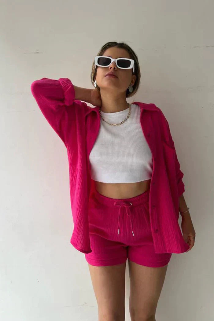 Textured Co-ord Set with Oversized Shirt and High-Waist Shorts