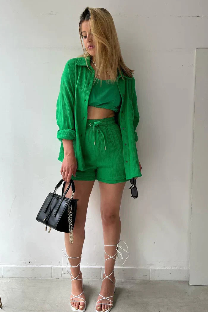 Textured Co-ord Set with Oversized Shirt and High-Waist Shorts