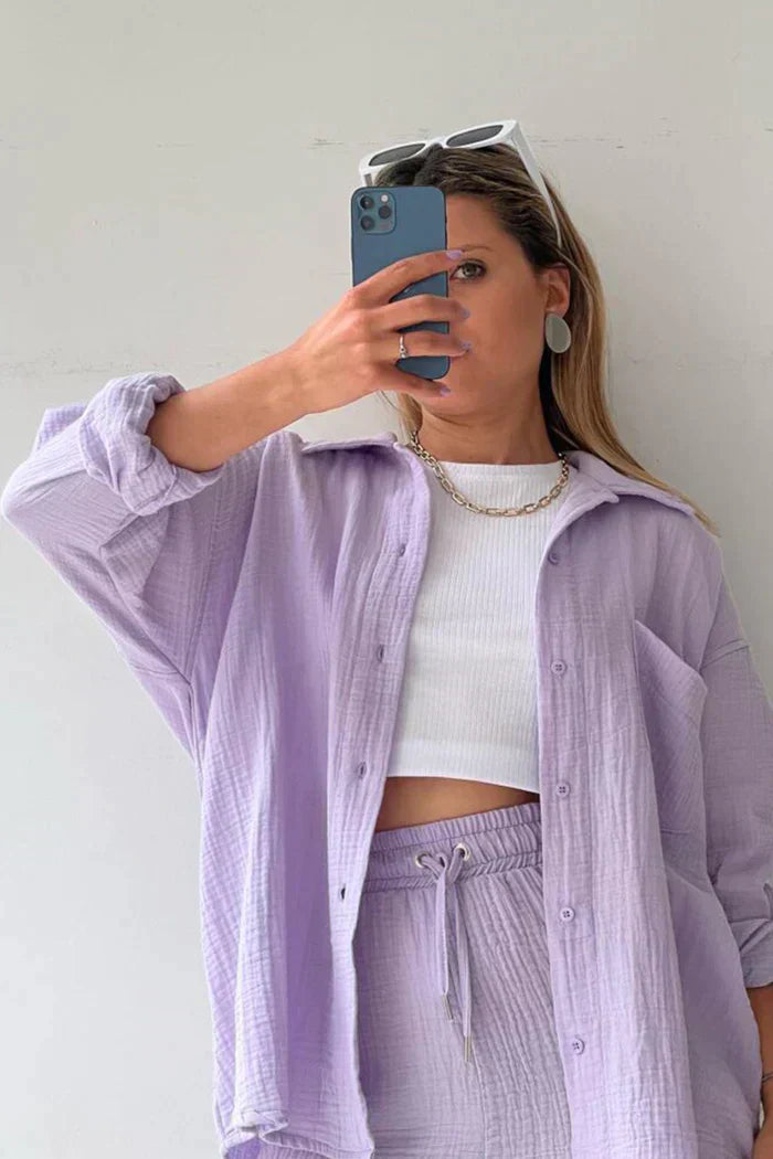 Textured Co-ord Set with Oversized Shirt and High-Waist Shorts