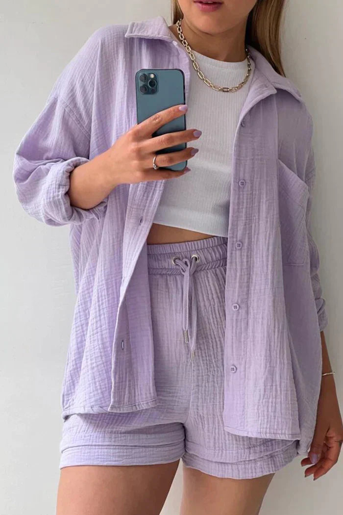 Textured Co-ord Set with Oversized Shirt and High-Waist Shorts