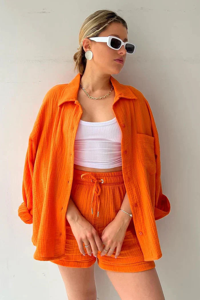 Textured Co-ord Set with Oversized Shirt and High-Waist Shorts