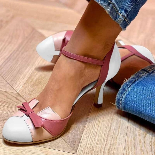 Two-Tone Retro Heels with Ankle Strap and Bow Detail