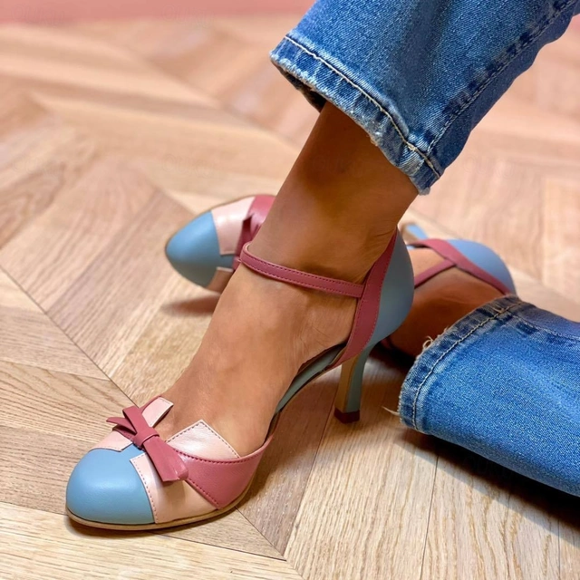 Two-Tone Retro Heels with Ankle Strap and Bow Detail