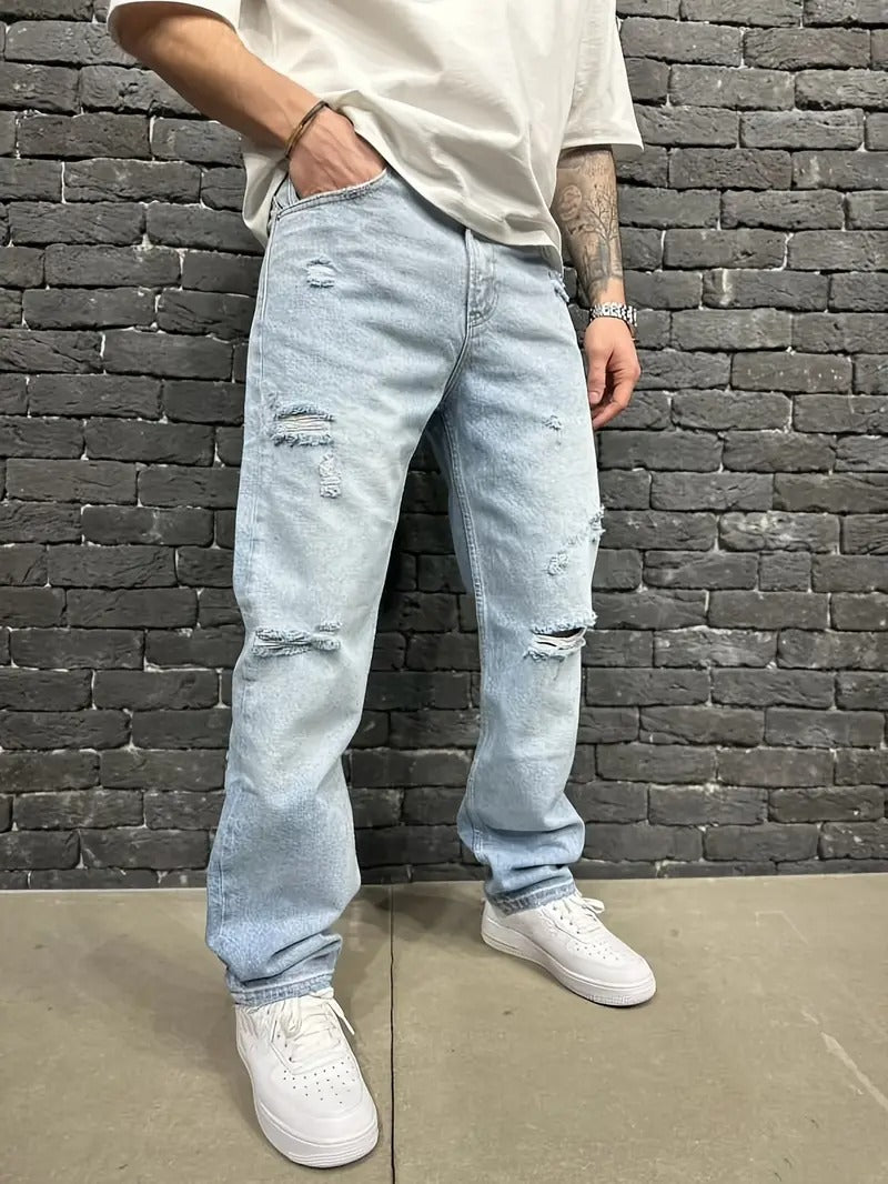 Light Blue Relaxed-Fit Distressed Jeans