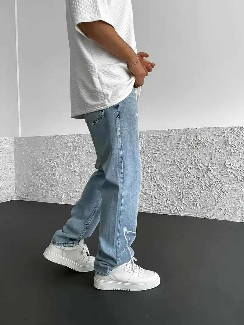 Lightning Print Relaxed-Fit Jeans - Blue