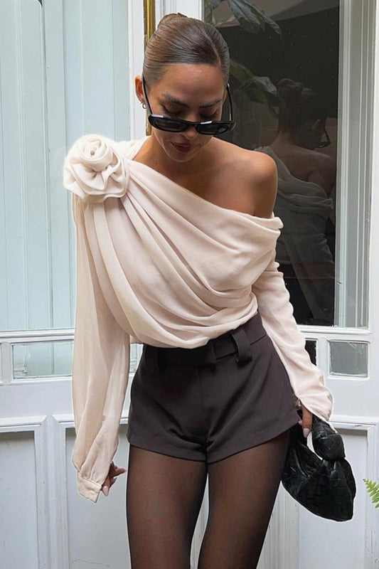 Asymmetric Drape Top with Floral Detail